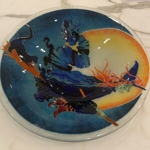 Vintage Halloween Peggy Karr Witch On A Broom/Black Cat Glass Bowl—EUC—Signed